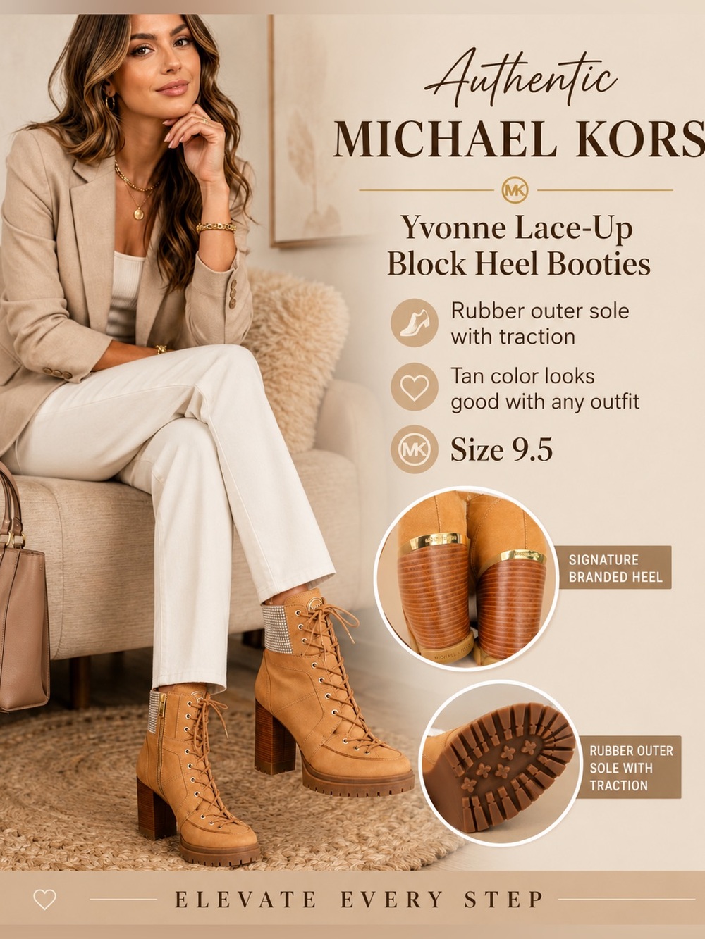 Michael Kors Yvonne Lace-Up Block Heel Booties Size 9.5 Black Leather Gold Studs